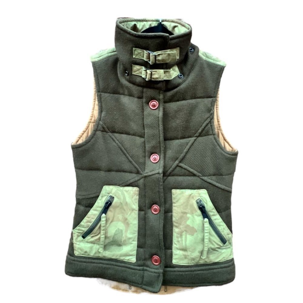 Da-Nang Army Green and Tan Quilted Vest with High Collar Size S